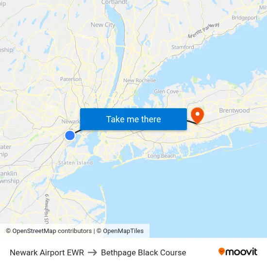 Newark Airport EWR to Bethpage Black Course map