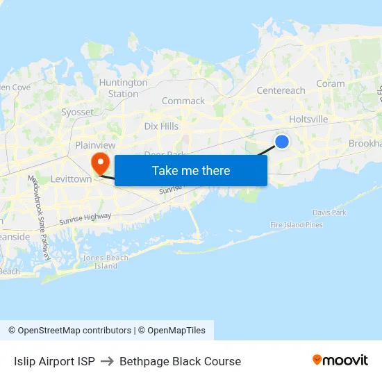 Islip Airport ISP to Bethpage Black Course map