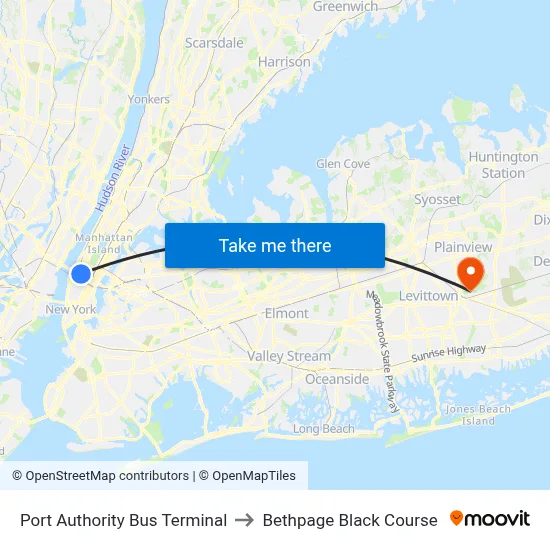 Port Authority Bus Terminal to Bethpage Black Course map