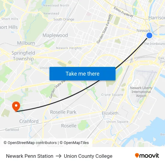 Newark Penn Station to Union County College map