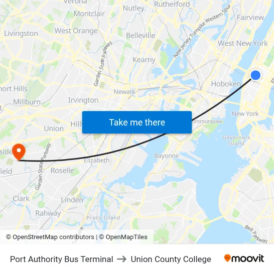 Port Authority Bus Terminal to Union County College map