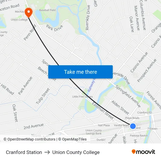 Cranford Station to Union County College map