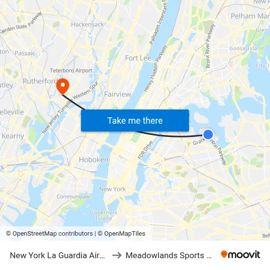 New York La Guardia Airport LGA to Meadowlands Sports Complex map