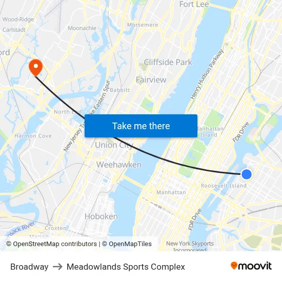 Broadway to Meadowlands Sports Complex map
