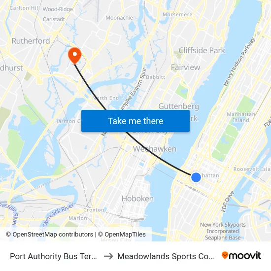Port Authority Bus Terminal to Meadowlands Sports Complex map
