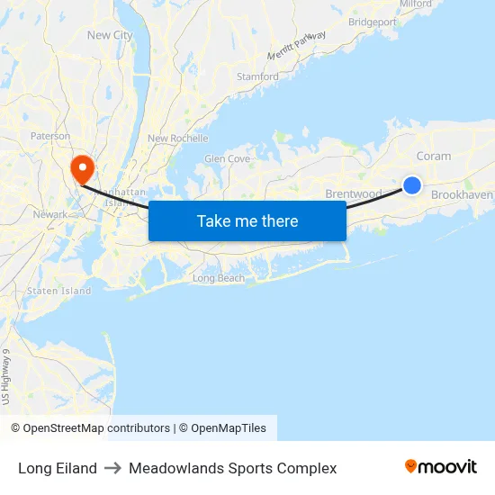 Long Eiland to Meadowlands Sports Complex map