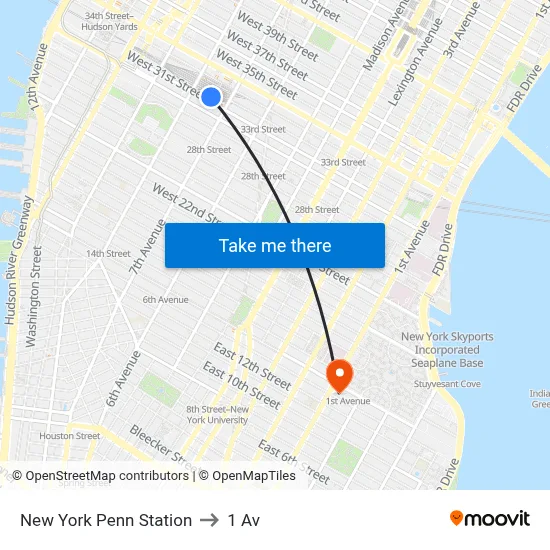 New York Penn Station to 1 Av map