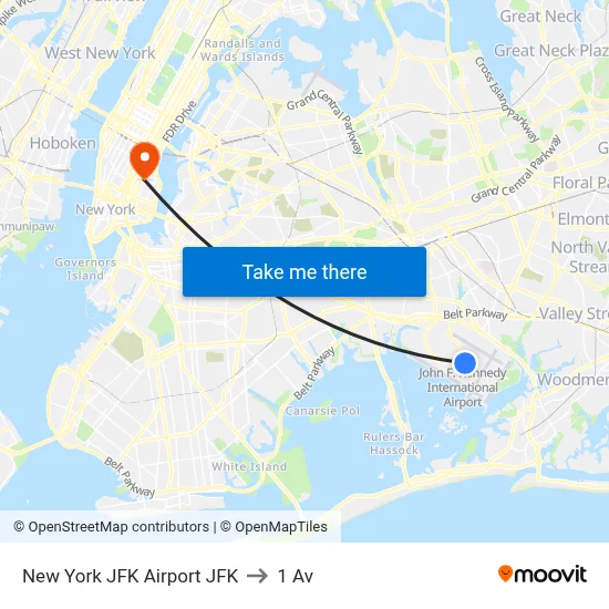 New York JFK Airport JFK to 1 Av map