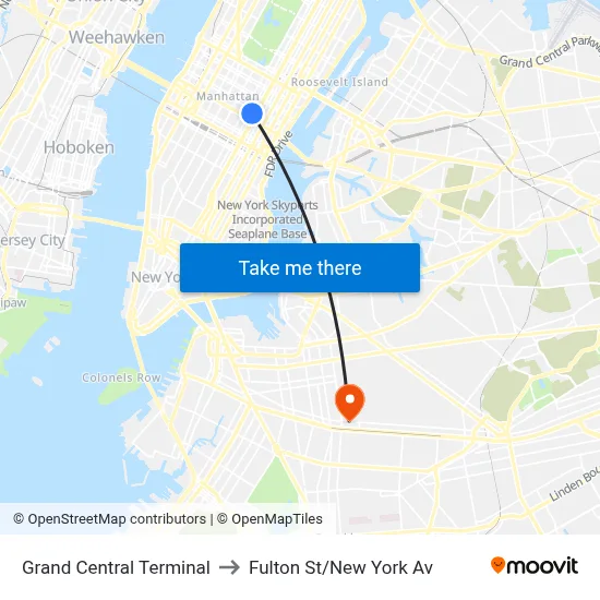 Grand Central Terminal to Fulton St/New York Av map