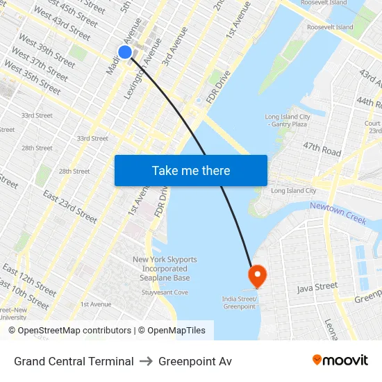 Grand Central Terminal to Greenpoint Av map