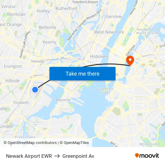 Newark Airport EWR to Greenpoint Av map