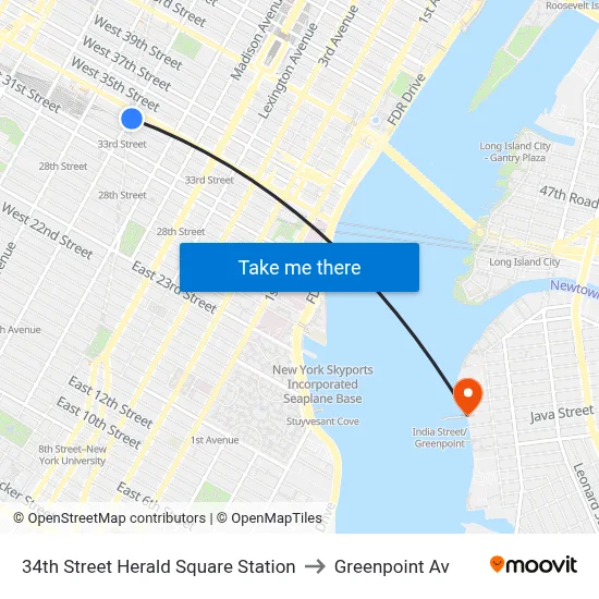 34th Street Herald Square Station to Greenpoint Av map