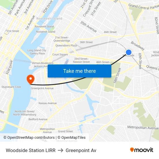 Woodside Station LIRR to Greenpoint Av map