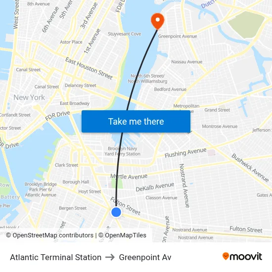 Atlantic Terminal Station to Greenpoint Av map