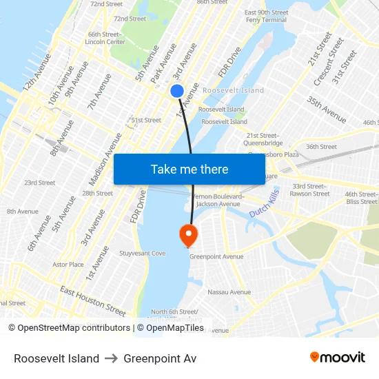 Roosevelt Island to Greenpoint Av map