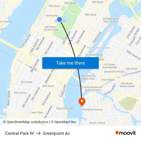 Central Park W to Greenpoint Av map