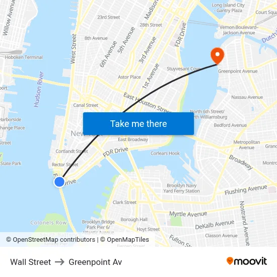 Wall Street to Greenpoint Av map