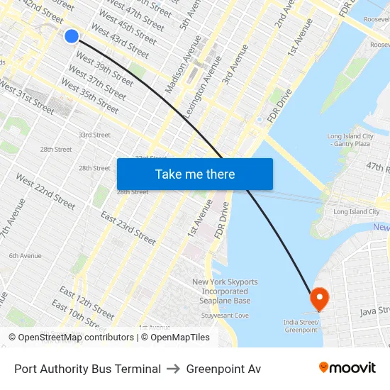 Port Authority Bus Terminal to Greenpoint Av map