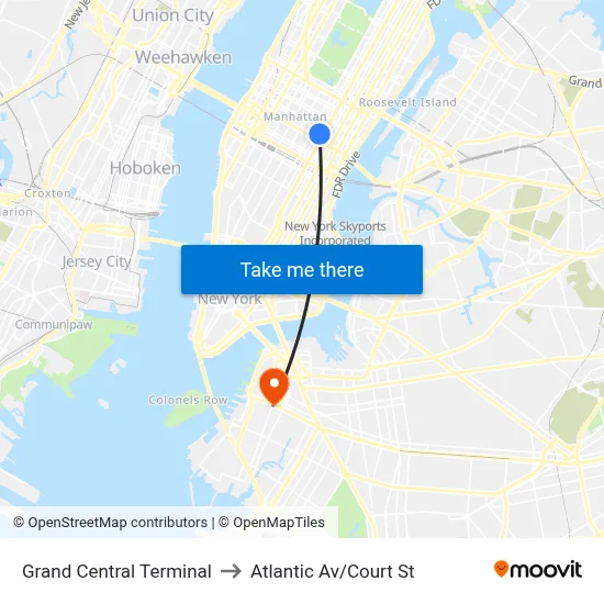 Grand Central Terminal to Atlantic Av/Court St map
