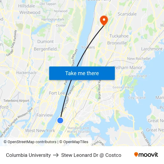 Columbia University to Stew Leonard Dr @ Costco map