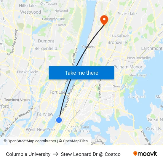Columbia University to Stew Leonard Dr @ Costco map