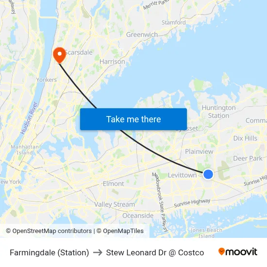 Farmingdale (Station) to Stew Leonard Dr @ Costco map
