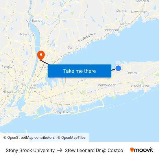 Stony Brook University to Stew Leonard Dr @ Costco map