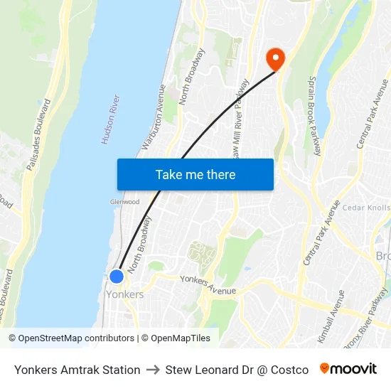 Yonkers Amtrak Station to Stew Leonard Dr @ Costco map