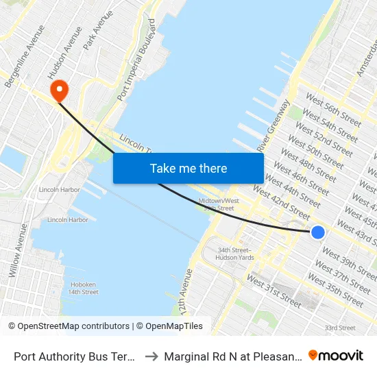 Port Authority Bus Terminal to Marginal Rd N at Pleasant Ave map