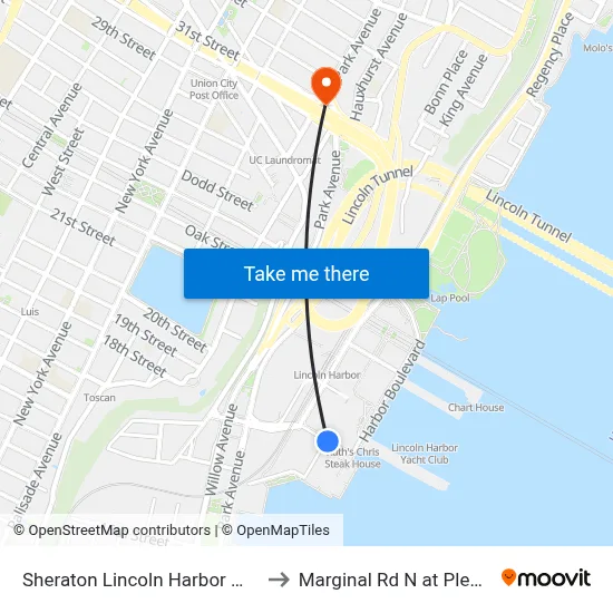 Sheraton Lincoln Harbor Weehawken to Marginal Rd N at Pleasant Ave map