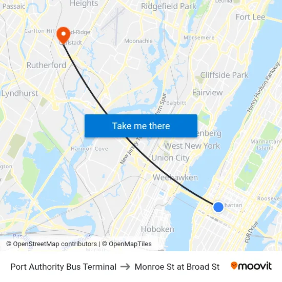 Port Authority Bus Terminal to Monroe St at Broad St map