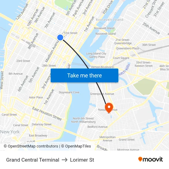 Grand Central Terminal to Lorimer St map