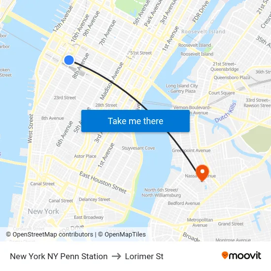 New York NY Penn Station to Lorimer St map