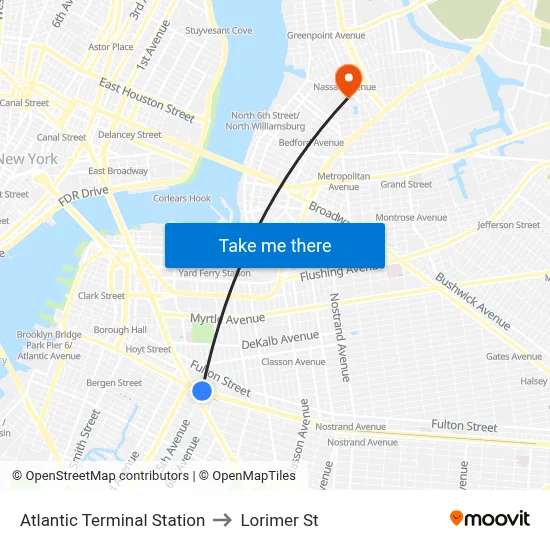 Atlantic Terminal Station to Lorimer St map
