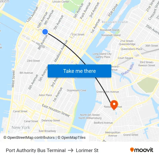 Port Authority Bus Terminal to Lorimer St map