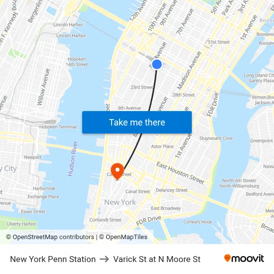 New York Penn Station to Varick St at N Moore St map