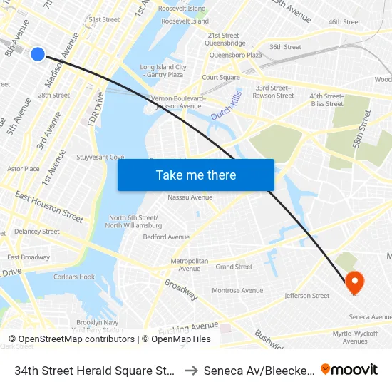 34th Street Herald Square Station to Seneca Av/Bleecker St map