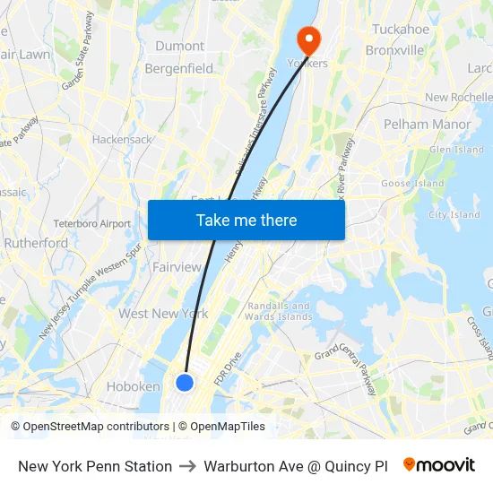 New York Penn Station to Warburton Ave @ Quincy Pl map