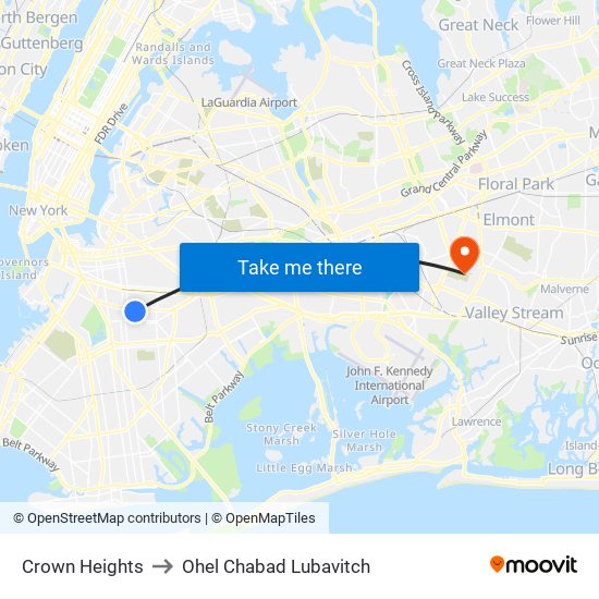 Crown Heights to Ohel Chabad Lubavitch map