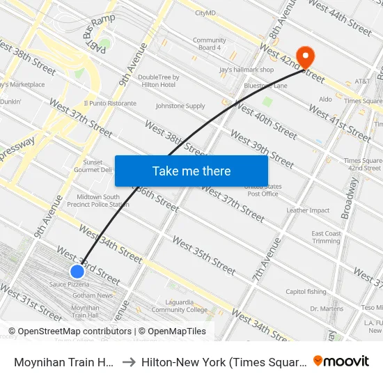 Moynihan Train Hall to Hilton-New York (Times Square) map