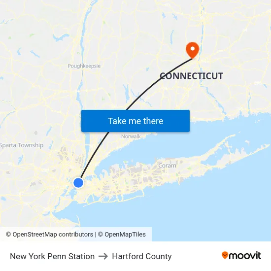 New York Penn Station to Hartford County map