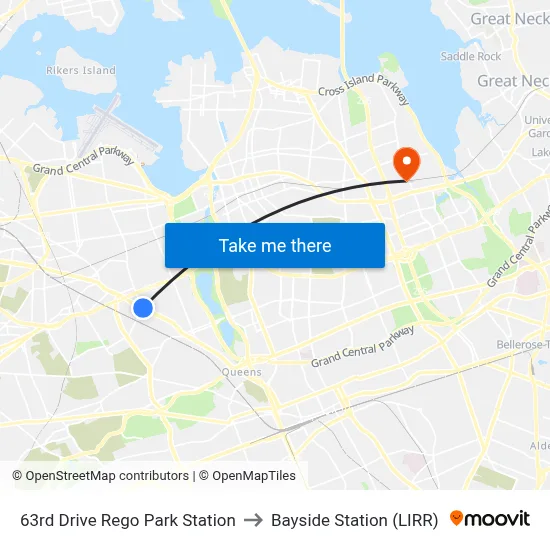 63rd Drive Rego Park Station to Bayside Station (LIRR) map