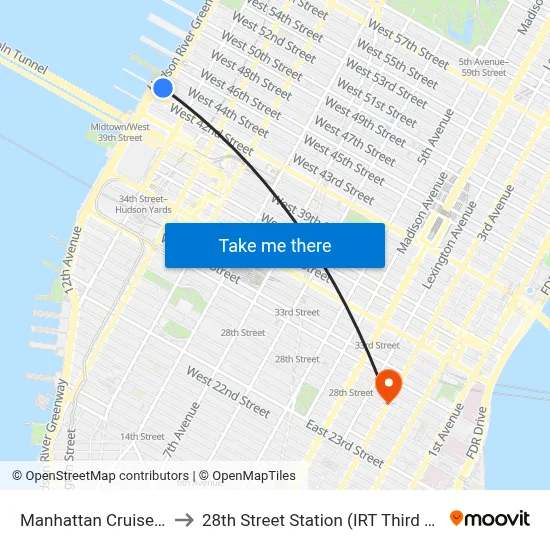 Manhattan Cruise Parking to 28th Street Station (IRT Third Avenue Line) map