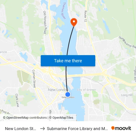 New London Station to Submarine Force Library and Museum map