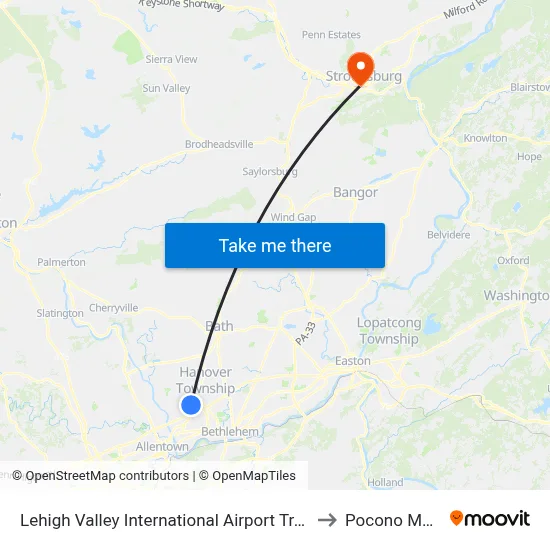 Lehigh Valley International Airport Trans Bridge Bus Stop to Pocono Mountains map