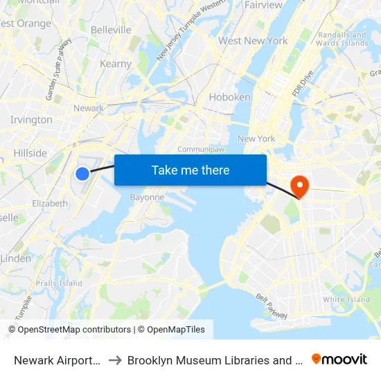 Newark Airport EWR to Brooklyn Museum Libraries and Archives map