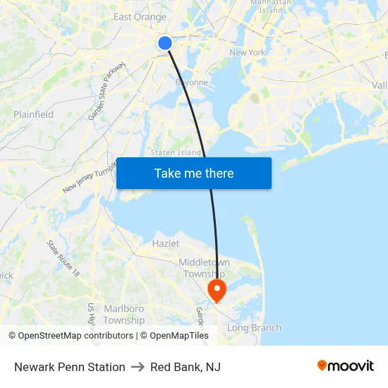 Newark Penn Station to Red Bank, NJ map