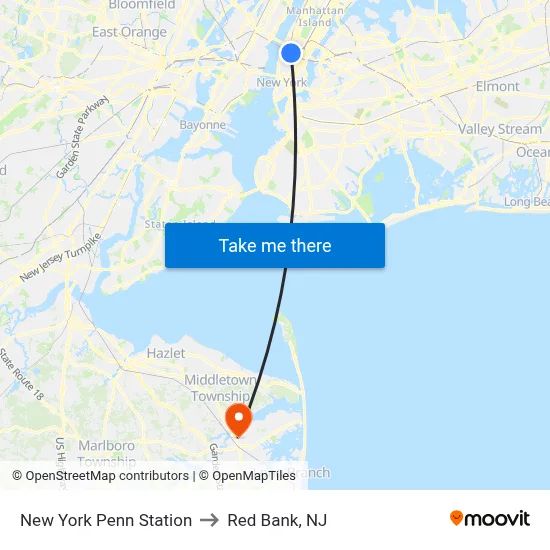 New York Penn Station to Red Bank, NJ map