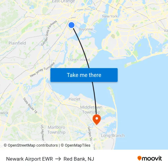 Newark Airport EWR to Red Bank, NJ map