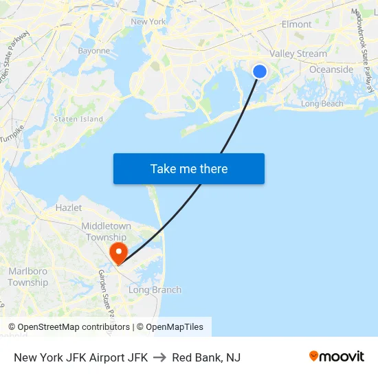 New York JFK Airport JFK to Red Bank, NJ map
